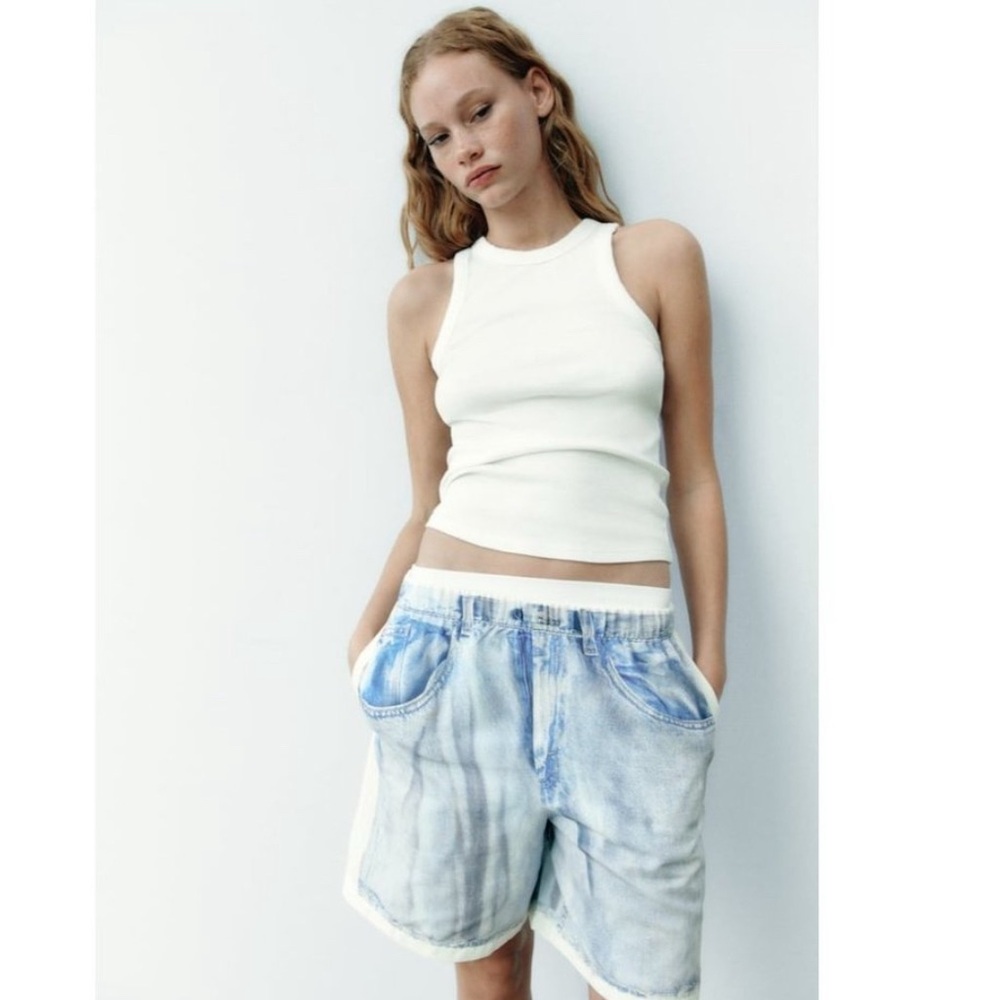 Zara Womens Blue Metallic Denim Printed Look Pull On Shorts Sz Medium